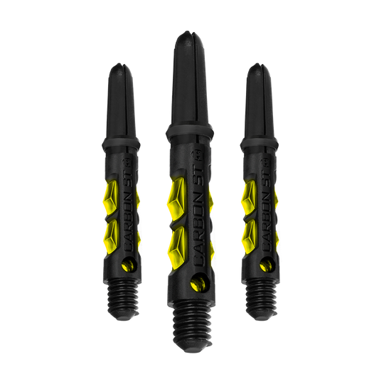 Das Bild zeigt drei Harrows Carbon ST Shafts in Gelb. Die Schäfte sind schwarz mit gelben Akzenten und haben eine robuste, moderne Optik.