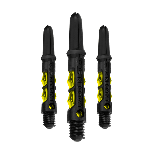 HR419_Harrows_Carbon_ST_Shafts_Gelb_33mm_1fut69ElLbL6Dh Das Bild zeigt drei Harrows Carbon ST Shafts in Gelb. Die Schäfte sind schwarz mit gelben Akzenten und haben eine robuste, moderne Optik.