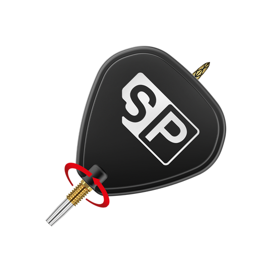 Target Swiss DS Surge Point Dart Tips - Gold Das Bild zeigt eine schwarze Dartspitze mit der Aufschrift "SP" auf dem Flight. Ein roter Pfeil zeigt eine Drehbewegung an der goldenen Verschraubung der Spitze.