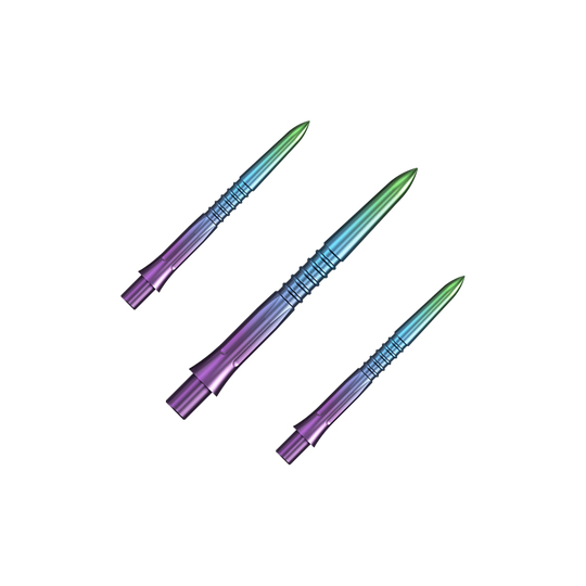 Das Bild zeigt Steeldartspitzen in Regenbogenfarben mit einer Länge von 26 mm. Es handelt sich um ein Set namens Mission Caliburn EVO GV1.