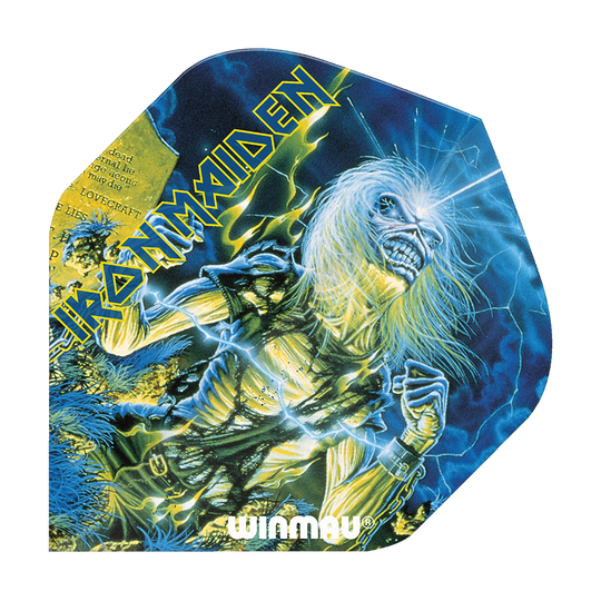 Das Bild zeigt ein Dartflight mit dem Motiv des Iron Maiden Albums "Life After Death". Auf dem Flight sind der Bandname, ein Skelett und der Schriftzug "Winmau" zu sehen.