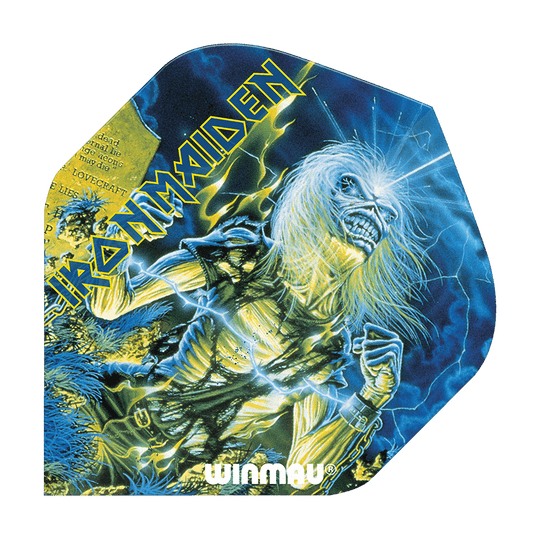 6905-240_Winmau_Iron_Maiden_Life_After_Death_Standard_Flights_1 Das Bild zeigt ein Dartflight mit dem Motiv des Iron Maiden Albums "Life After Death". Auf dem Flight sind der Bandname, ein Skelett und der Schriftzug "Winmau" zu sehen.