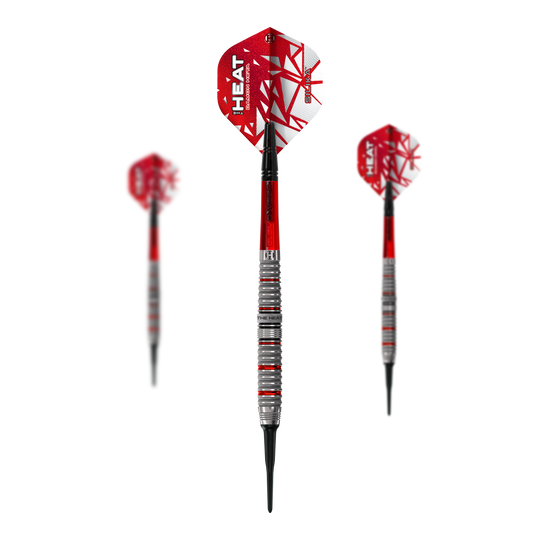 Harrow's Damon Heta Series 4 soft darts Das Bild stellt das Set Harrows Damon Heta Series 4 Softdarts dar. In diesem Set sind mehrere Softdarts enthalten.