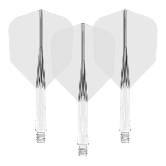 Mission Force 90 No6 Flight Shaft System - Clear Auf dem Bild sind drei klare Dart-Flights mit passenden transparenten Schäften zu sehen. Sie sind nebeneinander angeordnet und zeigen eine einheitliche, schlichte Optik.