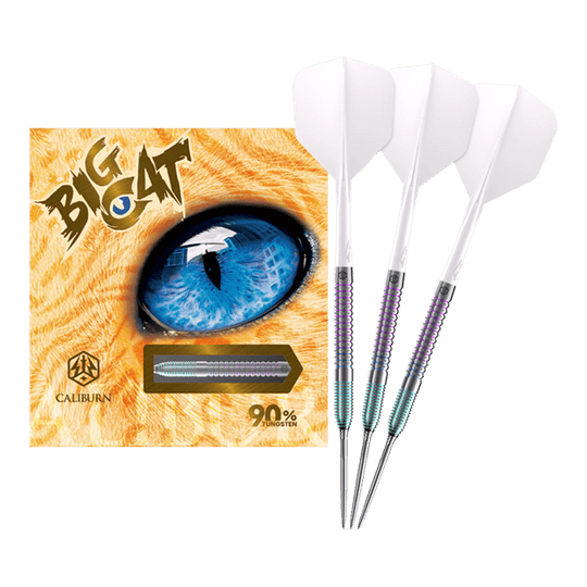 Caliburn Big Cats Ocelot steel darts Caliburn Big Cats Ozelot Steeldarts mit einem Gewicht von 23g. Das Bild zeigt die gesamte Länge des Dartpfeils.