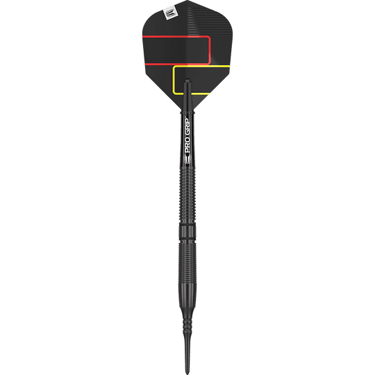 Der Target Gabriel Clemens Black Edition Softdart – 19g ist ein eleganter, schwarzer Softdartpfeil mit farbigen Linien auf dem Flight. Der Schaft trägt die Aufschrift "Pro Grip" und das Dart-Design wirkt modern und professionell.