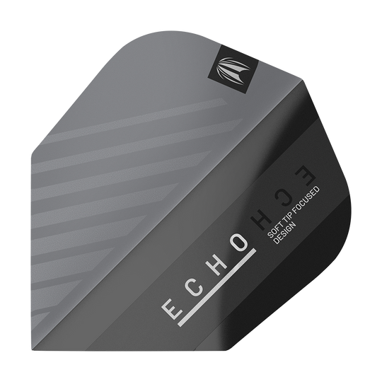 Das Bild zeigt das Produkt „Target ProUltra Echo No6 Flights“. Die Dart-Flights sind in dunklen Grautönen gehalten und tragen den Schriftzug „ECHO“ sowie „SOFT TIP FOCUSED DESIGN“.