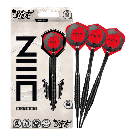Shot ZEN Bomber soft darts - 20g Zu sehen sind die Shot ZEN Bomber Softdarts - 20g. Sie zeichnen sich durch ihre spezielle Form und das ansprechende Aussehen aus.