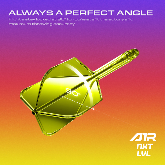 GOAT A1R No6 Flight Shaft System - Neon Yellow Abgebildet ist das GOAT A1R No6 Flight-Shaft-System in Neon Gelb. Das Bild stellt das Dartzubehör mit Fokus auf die Details dar.