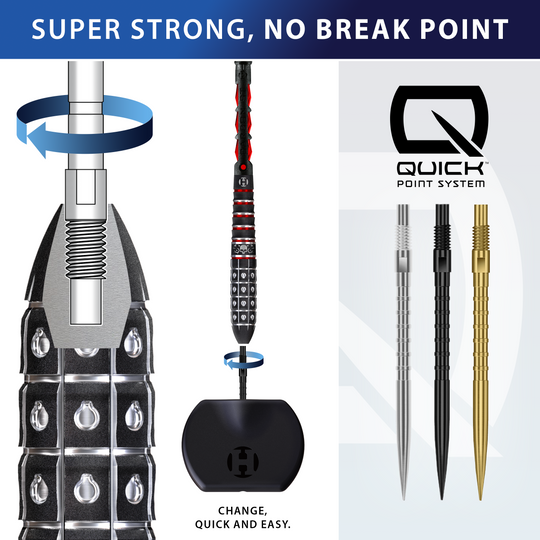 Harrows Quick Point Heavy Metal Dartspitzen in Schwarz sind abgebildet. Sie werden für das Dartspiel genutzt.