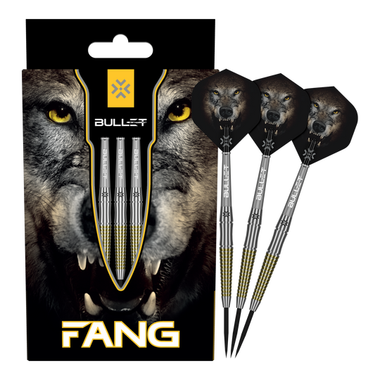 Auf dem Bild sind die Bullet Fang Steeldarts komplett zu sehen. Die Steeldarts sind in voller Länge dargestellt.
