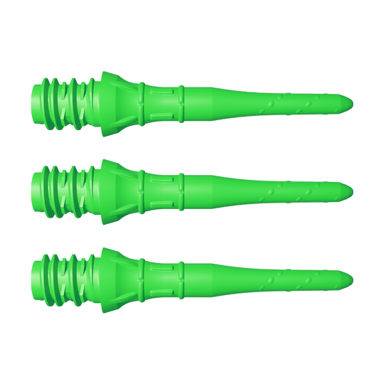 L-Style Premium Lippoints Short (30er Pack) Das Bild zeigt drei kurze, grüne Dartspitzen in einer Reihe. Sie sind identisch und haben ein leuchtendes Neon-Grün.
