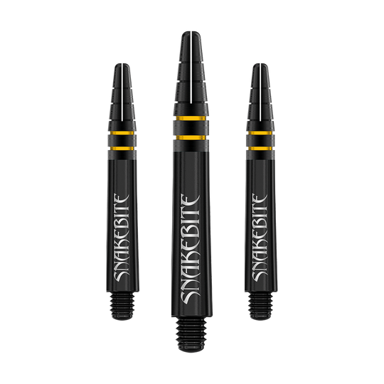 Das Bild zeigt drei schwarze Dartschäfte mit goldenen Ringen und der Aufschrift "SNAKEBITE". Die Schäfte sind das Modell "Red Dragon Nitrotech Peter Wright Shafts - Black Gold".