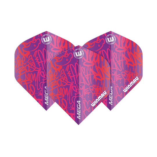 6900-242_Winmau_Mega_Red_Standard_Flights_1oVXq1sjGdsTcj Das Bild zeigt drei Winmau Mega Red Standard Flights für Darts. Sie sind überwiegend rot und lila mit auffälligen grafischen Mustern und dem Winmau-Logo.