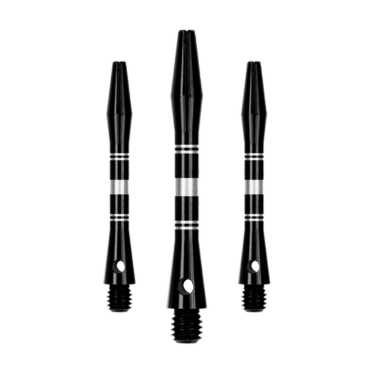 Dieses Bild zeigt ein Set von Aluminium Shafts in Schwarz und Silber. Mehrere Komponenten des Sets sind sichtbar dargestellt.