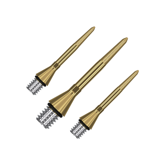 Das Bild zeigt drei goldene Target Swiss Point Nano Conversion Points. Diese Dartspitzen sind metallisch glänzend und haben ein schlankes, geriffeltes Design.