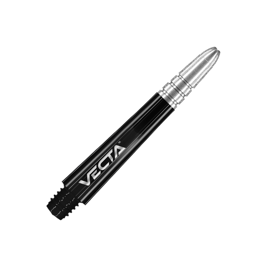 Winmau Vecta Shafts - Schwarz Silber Auf dem Bild ist ein schwarzer und silberner Dartshaft mit der Aufschrift "VECTA" zu sehen. Der Shaft hat ein glänzendes Design und ist aus Metall gefertigt.