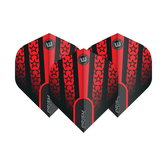 Das Bild zeigt die Winmau Prism Alpha 6915.178 Standard Flights. Diese Dartflights sind rot-schwarz gestaltet und mit Sternmustern verziert.