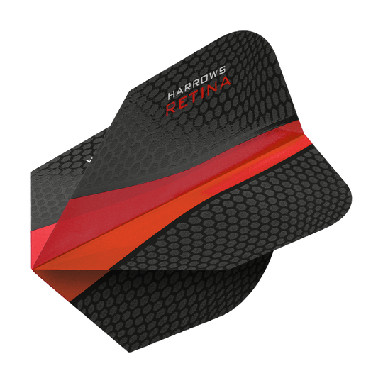 Das Bild zeigt das Produkt "Harrows Retina Rot No6 Flights". Die Darts-Flights sind schwarz mit einem roten Streifen und einem wabenartigen Muster gestaltet.