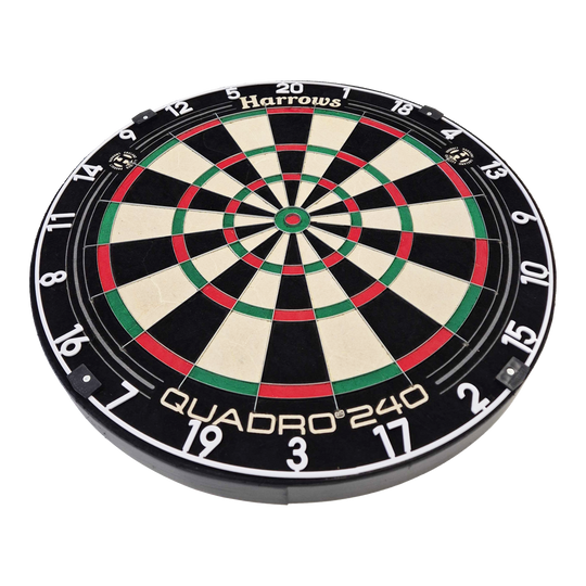 Harrows Quadro 240 steel dartboard Das Bild zeigt das Steeldartboard "Harrows Quadro 240". Die Dartscheibe ist rund und in verschiedene farbige Segmente unterteilt.