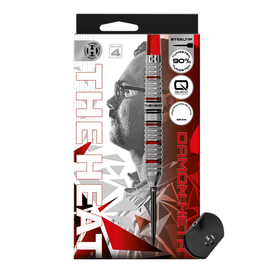 Abgebildet sind die Harrows Damon Heta Series 4 Quick Point Steeldarts. Diese Darts zeichnen sich durch ein modernes Design und ausgezeichnete Flugeigenschaften aus.
