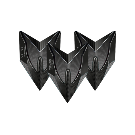 HR1014_Harrows_Smokey_2020_Velos_Flights_1VEE8onxqziQy5 Das Bild zeigt drei schwarze Dartflights des Modells "Harrows Smokey Velos". Die Flights haben ein modernes, grafisches Design mit silbernen Akzenten.