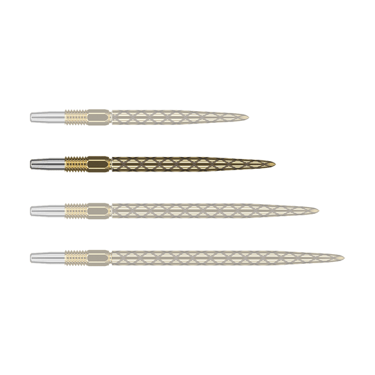 Target Swiss Diamond Pro Gold dart tips Das Bild zeigt vier goldfarbene Dartspitzen mit silberner Spitze, die nebeneinander liegen. Die Oberflächen der Dartspitzen haben ein rautenförmiges Muster.