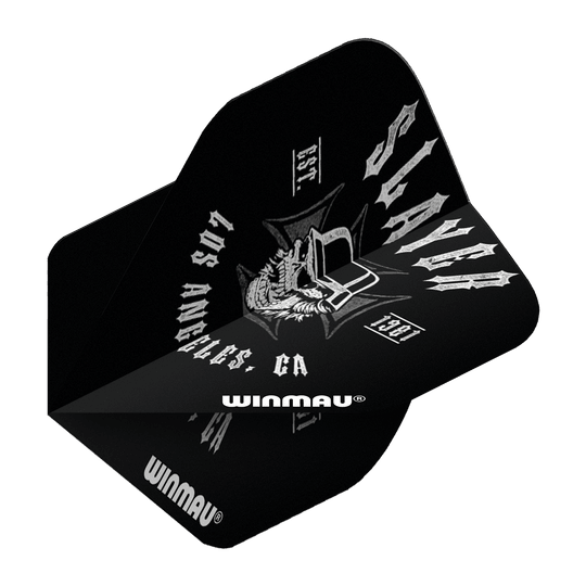 Das Bild zeigt die Winmau Rockstar Legends Slayer LA Standard Flights. Das Design ist schwarz mit weißen Schriftzügen und einem rockigen Motiv.