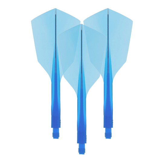 Das Bild zeigt drei blaue Dart-Flights mit integriertem Schaft. Es handelt sich um das Produkt "Condor Axe 120 Flight-System Clear Blue - Narrow".