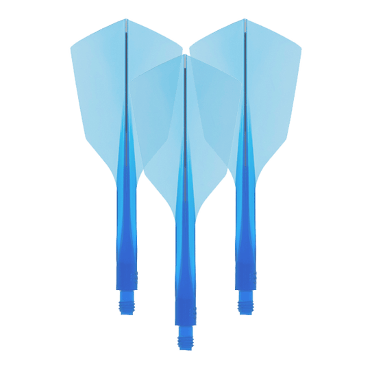 Condor Ax 120 Flight System Clear Blue - Narrow Das Bild zeigt drei blaue Dart-Flights mit integriertem Schaft. Es handelt sich um das Produkt "Condor Axe 120 Flight-System Clear Blue - Narrow".