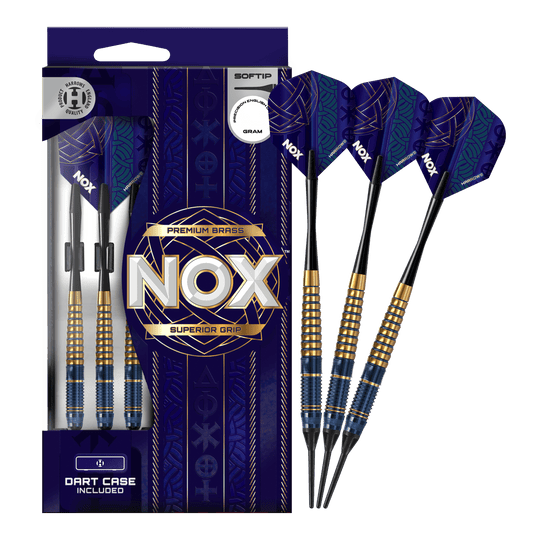 Harrows Nox Premium Brass Soft Darts Das Bild zeigt die Harrows Nox Premium Brass Softdarts. Es handelt sich um hochwertige Dartpfeile für Softdart-Spieler.