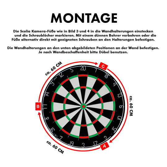 Das Bild zeigt den "Scolia Abstandshalter zur Wandmontage für Scolia Home 1". In der Mitte ist eine Dartscheibe abgebildet, umgeben von einem rot markierten Abstandshalter mit den Maßen von ca. 60 cm.
