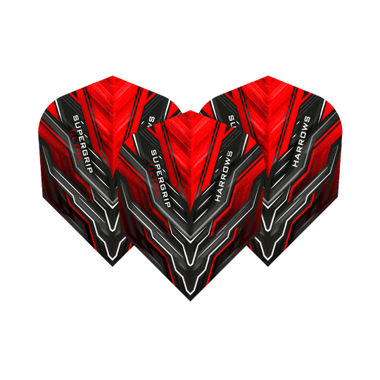 Das Bild zeigt drei rote Dart-Flights der Marke "Harrows Supergrip Ultra". Die Flights haben ein auffälliges schwarz-rotes Design mit weißen Akzenten.