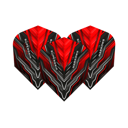 HR9_Harrows_Supergrip_Ultra_Red_Standard_Flights_1ZU7mfzcuGrVAC Das Bild zeigt drei rote Dart-Flights der Marke "Harrows Supergrip Ultra". Die Flights haben ein auffälliges schwarz-rotes Design mit weißen Akzenten.