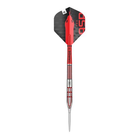 Target Nathan Aspinall GEN2 Swiss Point steel darts Auf dem Bild ist ein moderner Steeldartpfeil mit roten und silbernen Akzenten zu sehen. Das Flight-Teil ist schwarz mit roten Details und der Spitze zeigt nach unten.