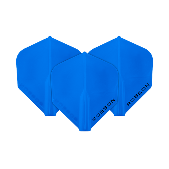 Das Bild zeigt drei blaue Dart-Flights der Marke Robson. Auf jedem Flight steht das Wort "ROBSON" in schwarzer Schrift.
