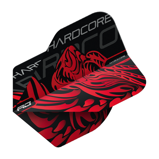 TF6537_Red_Dragon_Hardcore_Jonny_Clayton_Dragon_Standard_Flights_2 Das Bild zeigt ein Dart-Flight mit dem Namen "Red Dragon Hardcore Jonny Clayton Dragon Standard Flights". Das Flight ist schwarz und rot gestaltet und zeigt ein Drachenmotiv sowie den Schriftzug "HARDCORE".