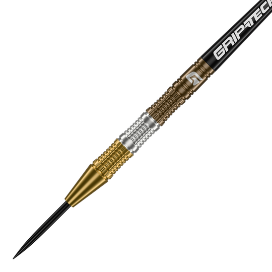 GOAT Ceremony Tungsten Steel Darts Dies ist ein GOAT Ceremony Tungsten Steeldart mit einem goldenen und silbernen Griffbereich. Auf dem Schaft steht das Wort "GRIPTECH".