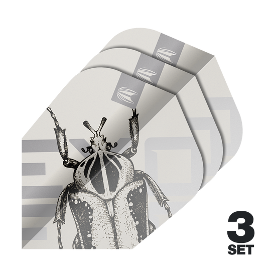 Das Bild zeigt drei Sätze Target Pro Ultra Exo 2.0 Ten-X Flights für Darts. Auf den Flights ist eine schwarz-weiße Zeichnung eines Insekts abgebildet.