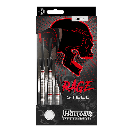 Harrows Rage Softdarts Das Bild zeigt eine Packung Harrows Rage Softdarts mit drei silbernen Darts. Auf der Verpackung ist ein roter Totenkopf und der Schriftzug "Rage" auffällig zu sehen.