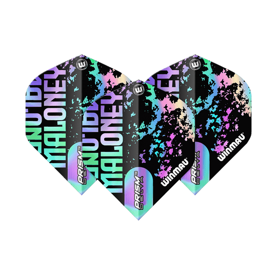 Das Bild zeigt die Winmau Prism Delta Mike Maloney Standard Flights. Sie sind mit bunten, auffälligen Farben und dem Namen „Maloney“ bedruckt.