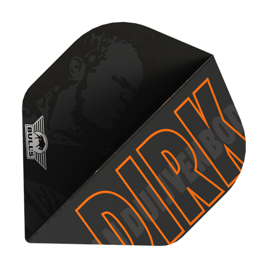 Bulls NL Player 100 Dirk Van Duijvenbode No2 Standard Flights Das Bild zeigt ein schwarzes Dartflight mit dem Namen "DIRK" in großen orangefarbenen Buchstaben. In der Ecke ist das Bulls-Logo zu sehen und im Hintergrund ist ein Porträt schattiert dargestellt.