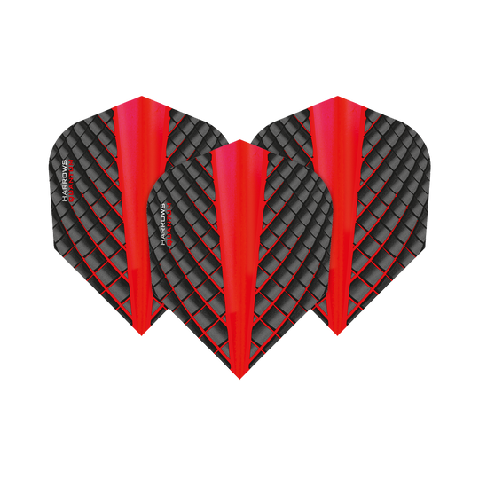 HR6804_Harrows_Quantum_Rot_No6_Flights_1tT66NFeGQCqw4 Das Bild zeigt drei Harrows Quantum Rot No6 Flights. Sie sind schwarz mit einem roten Streifen in der Mitte und einem rautenförmigen Muster.