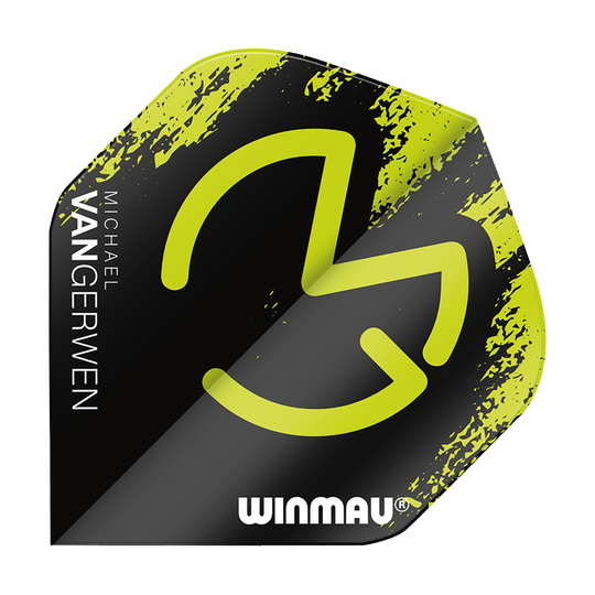 6900-234_Winmau_Mega_MvG_Green_Black_Standard_Flights_1IegHensjrWwb1 Das Bild zeigt das Produkt "Winmau Mega MvG Green Black Standard Flights". Es ist überwiegend schwarz mit grünen Akzenten und trägt den Namen "Michael van Gerwen" sowie das Winmau-Logo.