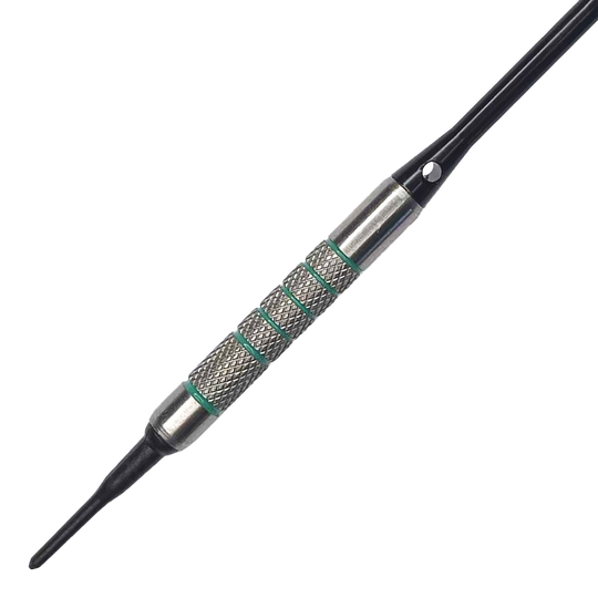 McDart 85 Tungsten V7 soft darts - 16.5g Das Bild zeigt einen McDart 85er Tungsten V7 Softdart mit einem Gewicht von 16,5g. Der Dart hat eine strukturierte silberne Griffzone mit grünen Akzenten und einer schwarzen Kunststoffspitze.