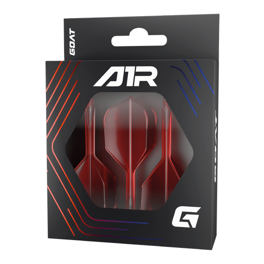 GOAT A1R No6 Flight Shaft System - Red Die Abbildung zeigt das Produkt "GOAT A1R No6 Flight-Shaft-System – Rot" in seiner Verpackung. Im Sichtfenster der Schachtel sind drei rote Dart-Flights und -Schäfte zu sehen.