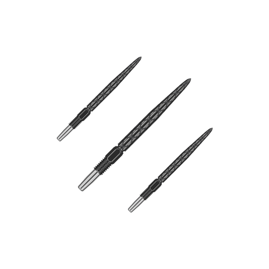 Target Swiss Diamond Pro Black Points dart tips Das Bild zeigt drei schwarze Dartspitzen mit silbernem Ende. Die Spitzen haben ein Rautenmuster und sind nebeneinander angeordnet.