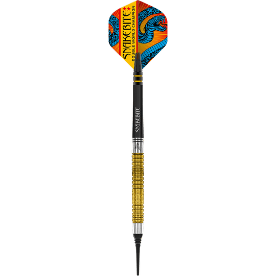 Das Bild zeigt einen Softdart mit goldfarbenem Griff und bunter Spitze. Auf dem Flight steht "Snakebite Double World Champion" und es ist ein blauer Drache abgebildet.