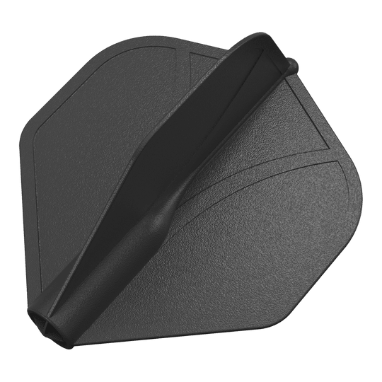 Das Bild zeigt eine schwarze, geformte Dart-Flügel aus Kunststoff. Die Oberfläche ist leicht strukturiert und hat eingeprägte Linien.