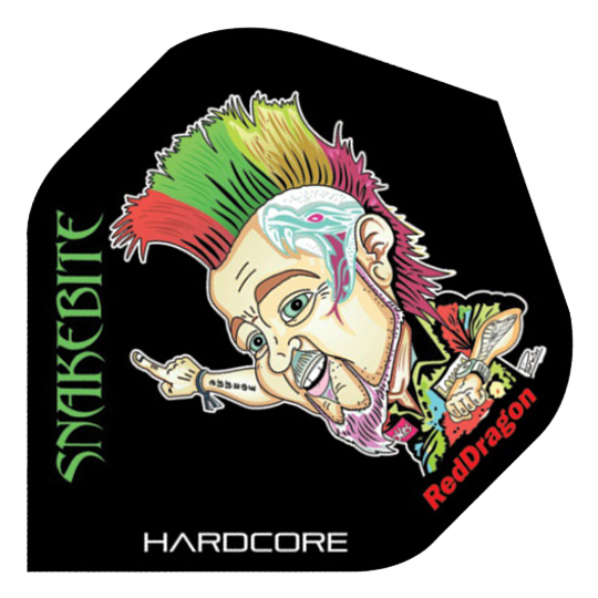 PPF46 Das Bild zeigt eine bunte Karikatur mit Irokesenfrisur und Schlangenmotiv auf einem Dartflight. Auf dem Flight stehen die Wörter "SNAKEBITE", "HARDCORE" und "RedDragon".